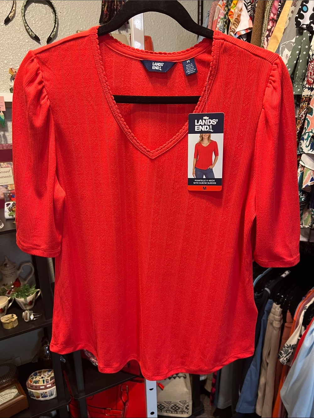 Lands' End Pointelle Red V-Neck with Elbow Sleeves